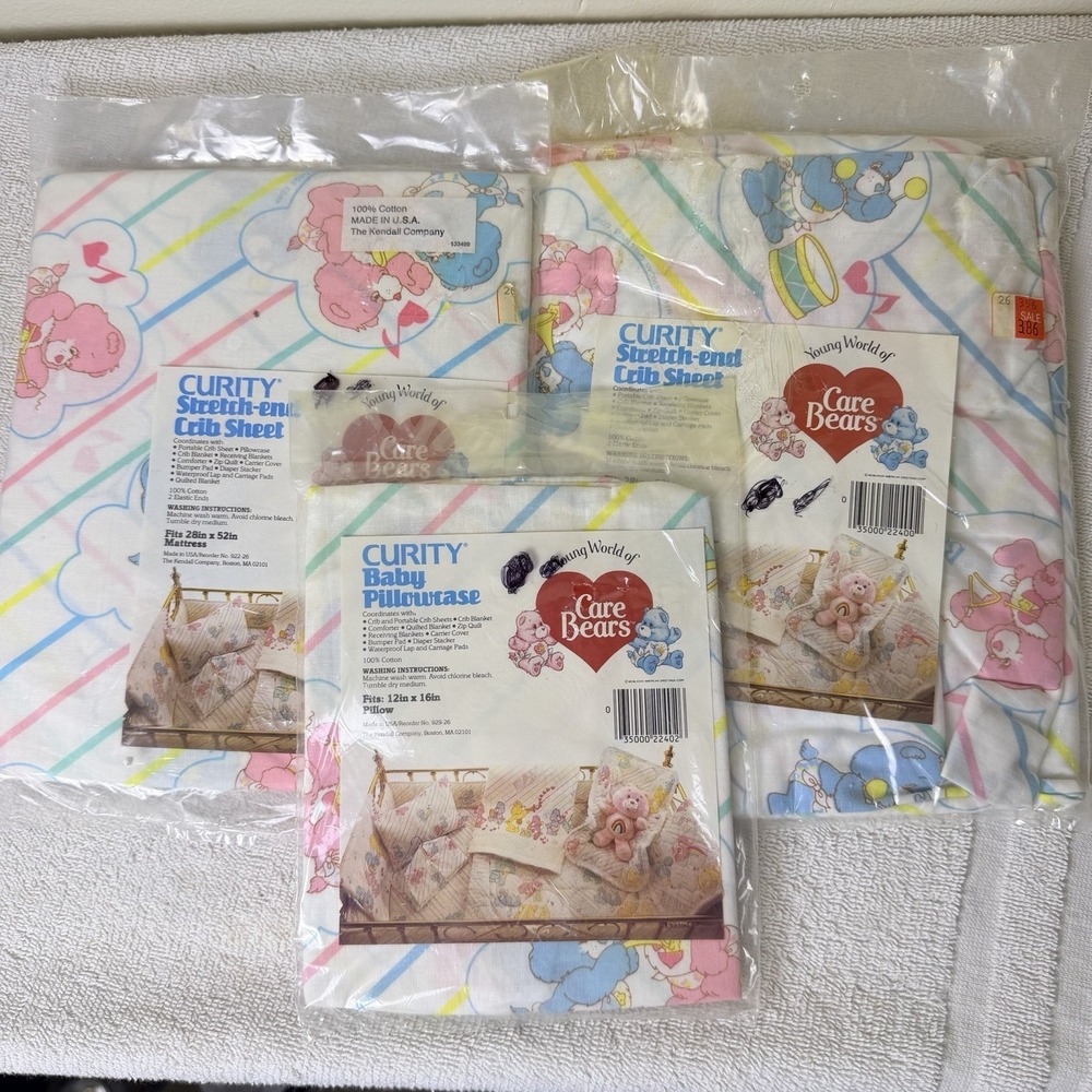 VTG 2 Bassinet Fitted Sheet & 1 Pillow Case CARE BEAR Baby Bedding 1980s